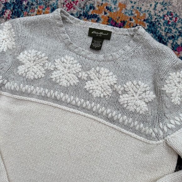 Vtg Eddie Bauer Cotton Wool Snowflake Fair Isle Crewneck Sweater 90s Size Small - Picture 1 of 6